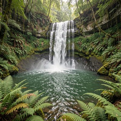 a waterfall falling into a green pool surrounded by ferns
