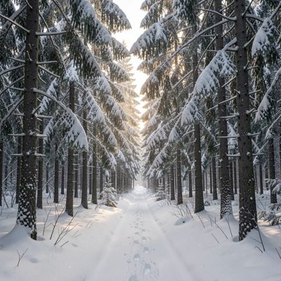a snow covered forest with low winter light