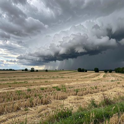 storm clouds gathering over open farmland