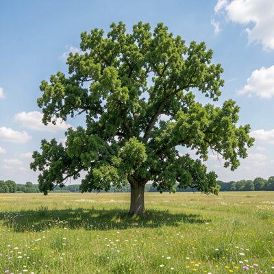 a single oak tree alone in a summer field