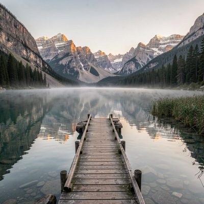 a mountain lake with a wooden jetty at dawn