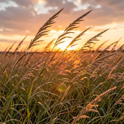 tall grass bending in the wind at sunset