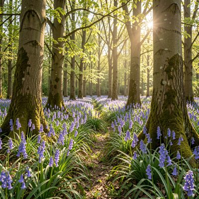 a bluebell wood in spring with dappled light