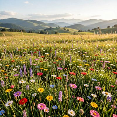 a meadow of wildflowers with distant hills