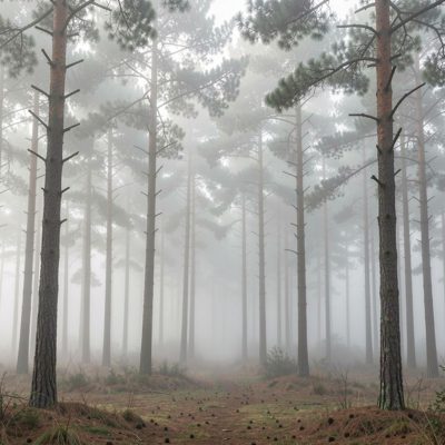 a pine forest in thick morning fog