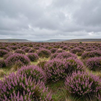 a heather covered moor under a grey sky