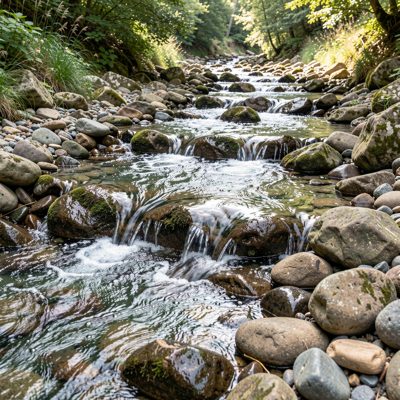 a stream running over smooth stones