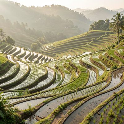 terraced rice fields in soft morning light