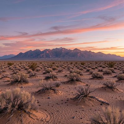 a desert plain with distant mountains at dusk