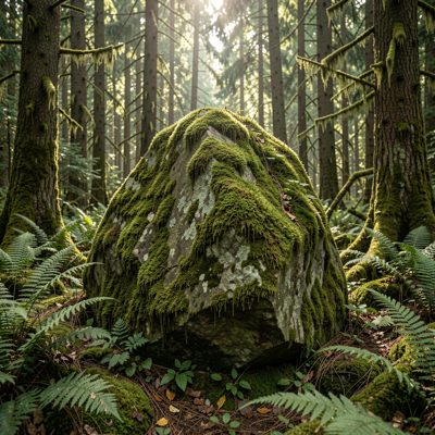 a moss covered boulder in deep forest