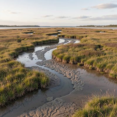 a saltmarsh with channels at low tide