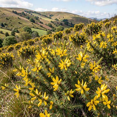 a hillside covered in gorse in flower