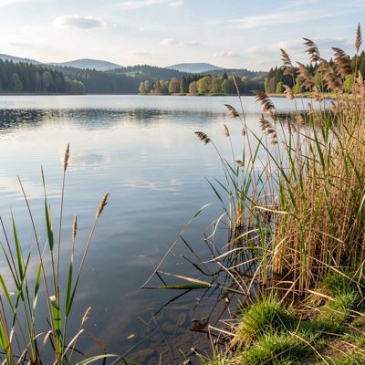 reeds at the edge of a still lake