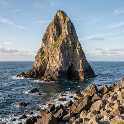 a sea stack standing off a rocky shore