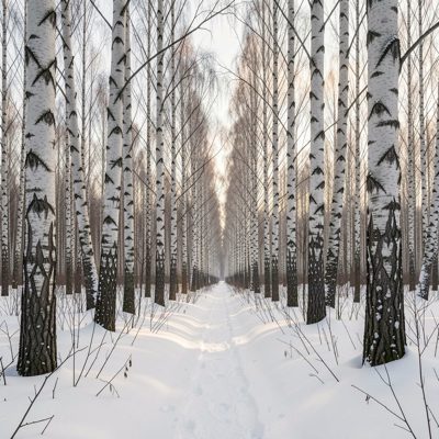 a birch forest with snow on the ground