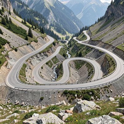 a mountain pass road with switchbacks