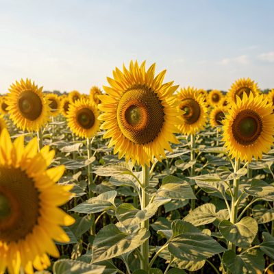 a field of sunflowers facing the sun