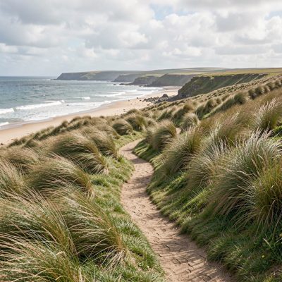 a coastal path through wind bent grass