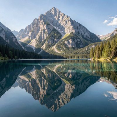 a mountain reflected perfectly in still water
