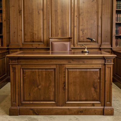 a courtroom bench with wood panelling