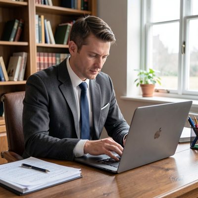 a solicitor drafting on a laptop with notes