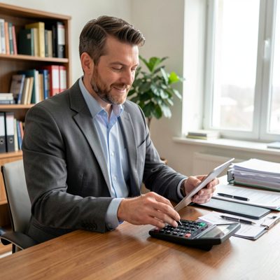 an accountant with a calculator and receipts