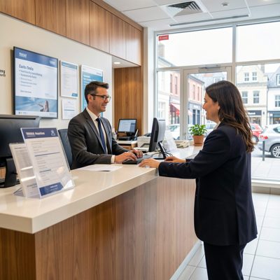 a bank counter with a customer being served