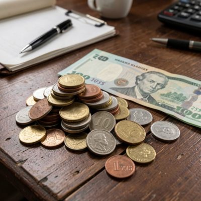 a pile of coins and a banknote on a desk