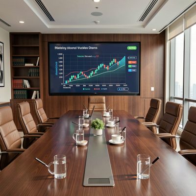 a boardroom with a financial presentation on screen