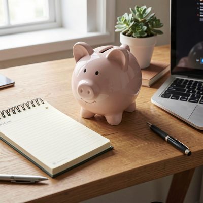 a piggy bank on a desk beside a notepad