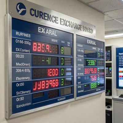 a currency exchange board with rates