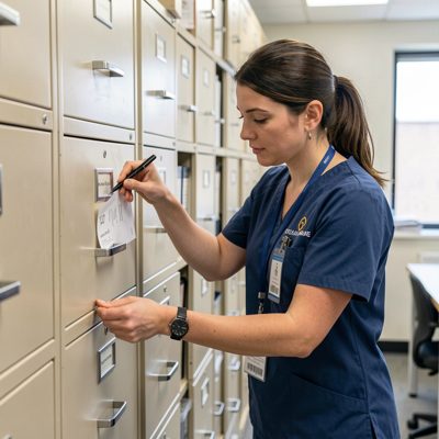 a paralegal searching a filing cabinet