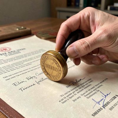 a hand stamping a document with a seal