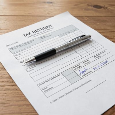 a tax return form with a pen resting on it