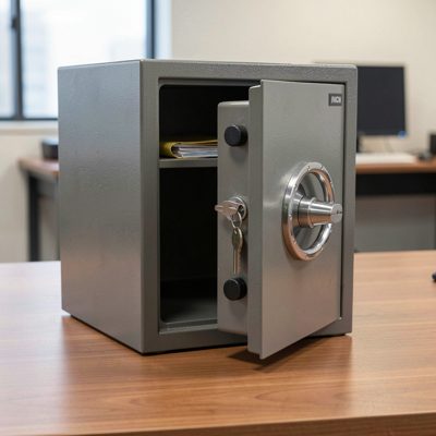 an office safe with the door ajar