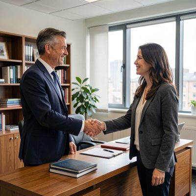 a solicitor and client shaking hands in an office