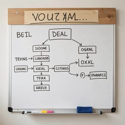 a whiteboard with a deal structure drawn out