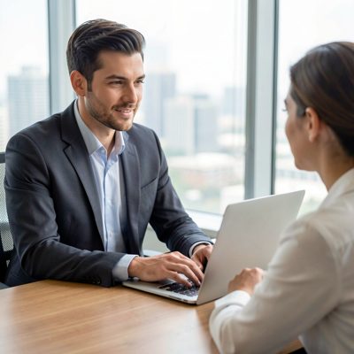 a financial adviser at a laptop with a client