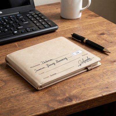 a cheque book and pen on a desk