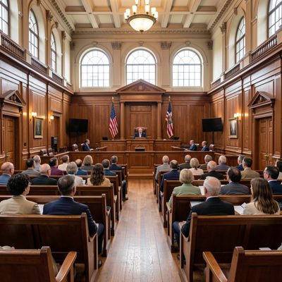 a courtroom public gallery seen from behind
