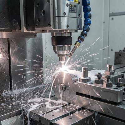 a cnc machine cutting metal with coolant spraying