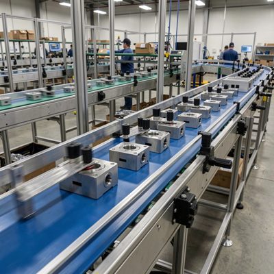 a production line with parts moving past