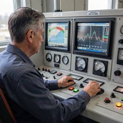 an operator at a control panel with dials