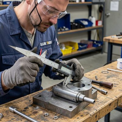 a quality inspector measuring a part with callipers