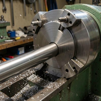 a lathe turning a metal bar