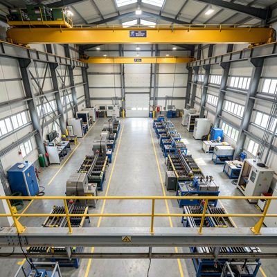 a factory floor seen from a gantry above