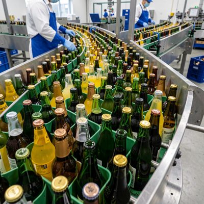a conveyor of bottles being filled