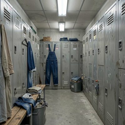 a factory locker room with overalls