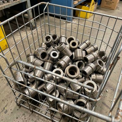 a batch of parts in a wire basket