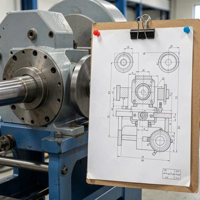 a technical drawing pinned beside a machine